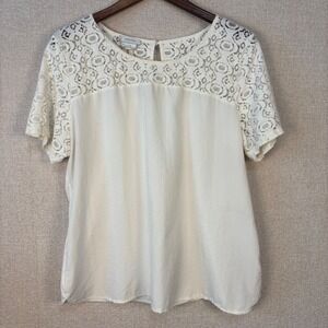 Van Heusen Womens XL White Lace Yoke Short Sleeve Blouse Mixed Media Top